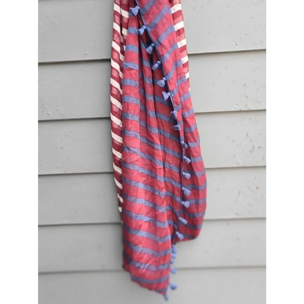 Burgundy Blue White Stripe Infinity Scarf with Fringe